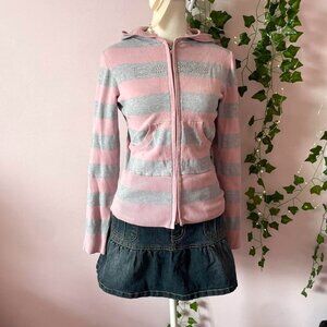 Y2K Bebe Rhinestone Embellished Pink & Grey Striped Zip Up